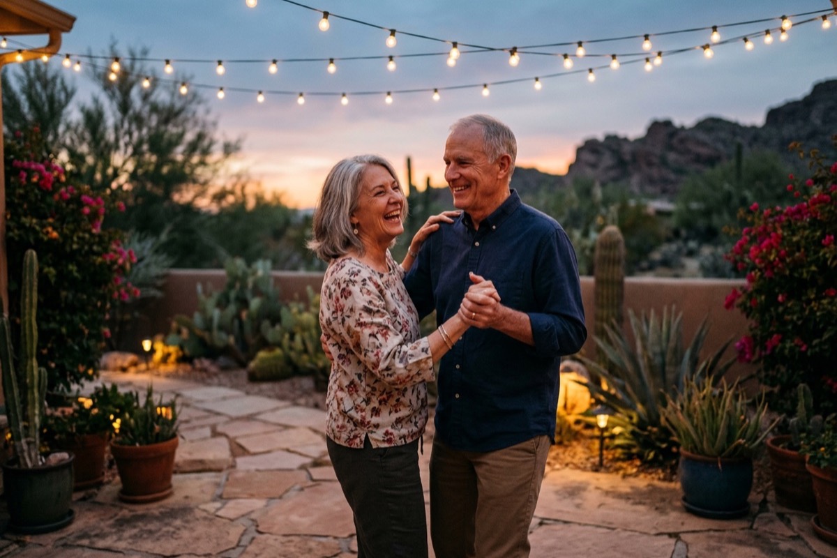 A couple dancing together on a desert patio at dusk under string lights